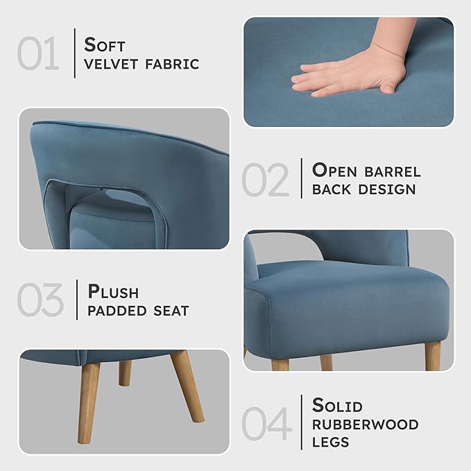 Lexicon Accent Arm Chair Modern Comfy Velvet Accent Chair Open Back with Solid Wood Legs for Living Room/Bedroom/Office/Waiting Room Blue
