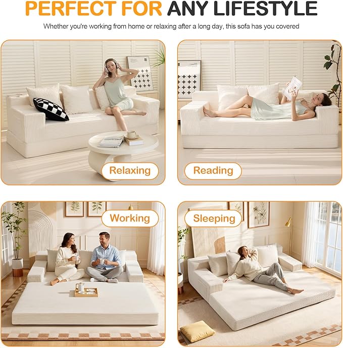 Convertible Futon Sofa Bed Couch 78'' Corduroy Folding Sofas Bed Compression Boneless Floor Couch Sofa Beds with 3 Pillows for Living Room Bedroom Apartment