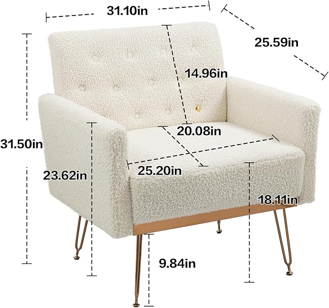 Accent Chair for Living Room Comfy Oversized Velvet Upholstered Arm Chairs Mid Century Modern Reading Single Sofa Side Chair with Tufted Back and Gold Legs for Bedroom (1 Teddy White)