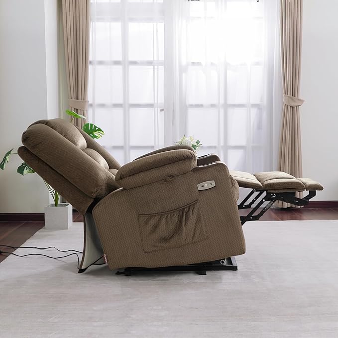 MCombo Oversized Power Lift Recliner Chair Sofa with Massage and Heat for Elderly People Petite USB Ports Side Pockets Fabric R7561 (Brown Small-Oversize)