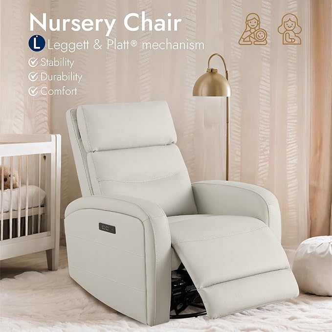 Watson &amp Whitely Swivel Recliner with Power Headrest Recliner Chairs for Adults Small Glider Rocker for Living Room Faux Leather in Cream