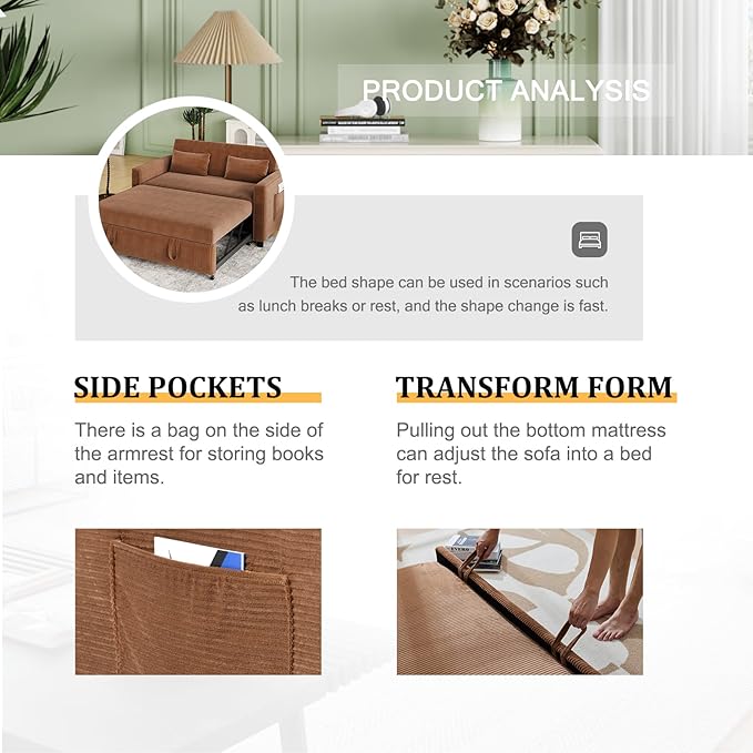 Sleeper Sofa with Pull Out Sofa BedCorduroy Futon Sofa Bed with 3 Level Adjustable Backrest &amp Storage Pockets and 2 Toss PillowsModern Couch Bed for Living RoomBedroom（Brown）