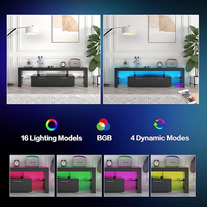 Black 63 Inch Floating TV Stand with Two Drawers &amp 16-Color LED Lights Large Modern Entertainment Center for TVs Up to 75 Inches Wooden Media Console with Open Shelf