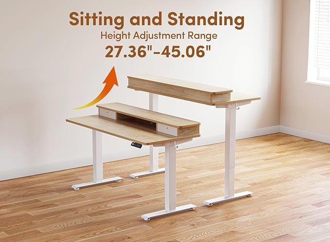 Cubiker 55 x 24 Electric Standing Desk with Double Storage Drawers Height Adjustable Home Office Computer Workstation 4 Adjustable Feet &amp 2 Hooks Maple