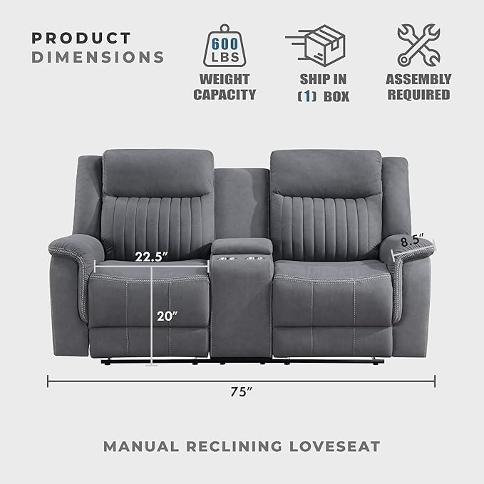 Lexicon Manual Double Reclining Loveseat Polished Microfiber Manual Wall Hugger Loveseat Recliner for Living Room Center Storage Console/Cup Holders Easy Assembly Gray