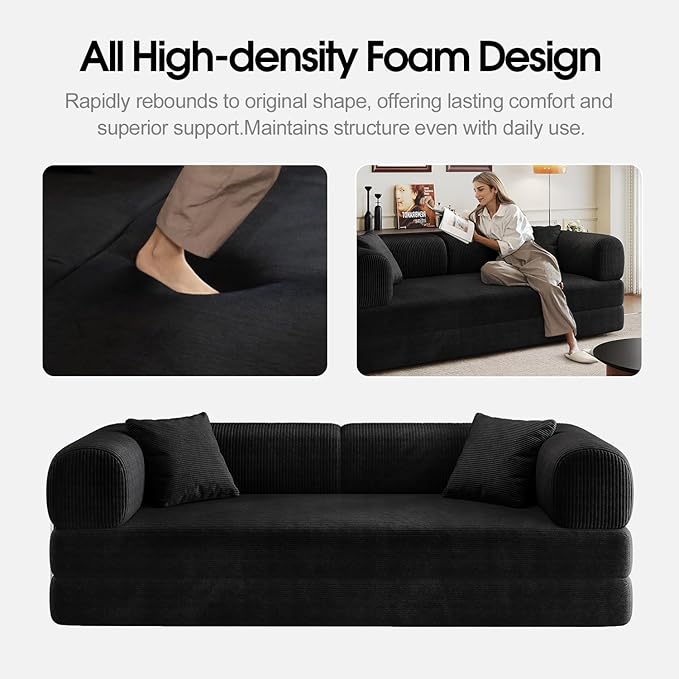 78.8'' Convertible Sofa Bed Boneless Couch in a Box Modular Corduroy Comfy Foldable Sleeper Compression Sofa Loveseat Couches for Living Room (Black 78.8 inch)