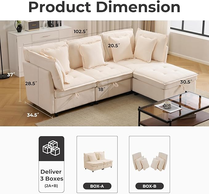103 Modular Sectional Sofa L-Shaped Corduroy Comfy Sectional Couches for Living Room 3-Seater Cloud Couches with 1 Ottoman Modern Deep Seat Sofa with Large Storage Beige