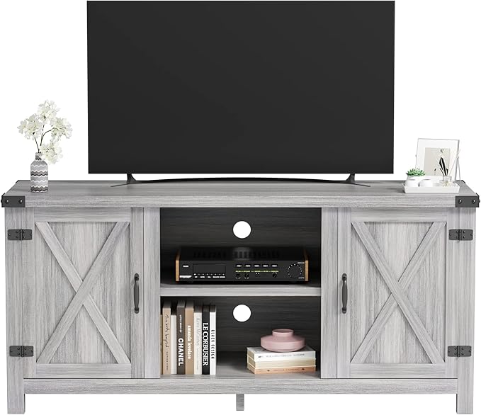 JUMMICO TV Stand 65 Inch TV Farmhouse Entertainment Center with Double Barn Doors and Storage Cabinets Console TV Table Media for Living Room Bedroom (Grey)