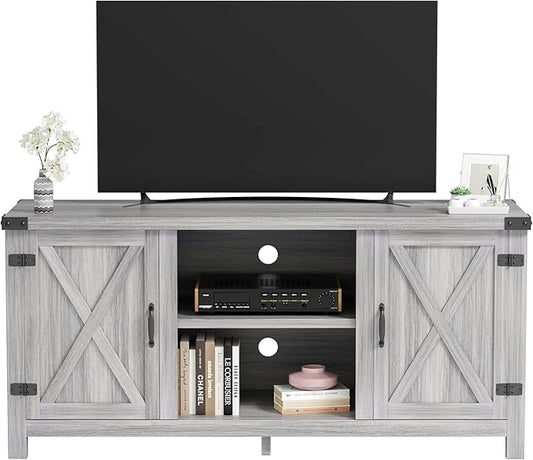 JUMMICO TV Stand 65 Inch TV Farmhouse Entertainment Center with Double Barn Doors and Storage Cabinets Console TV Table Media for Living Room Bedroom (Grey)