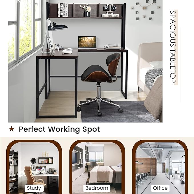 MEDIMALL L-Shaped Desk w/Storage Shelf Reversable Corner Desk Game Table w/Sturdy Metal Frame Multifunctional Computer Desk for Home Office (Teak)