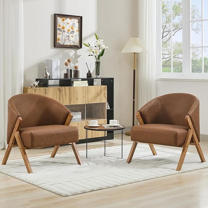 PU Leather Mid-Century Modern Accent Chair with Wooden Legs Comfortable Upholstered Reading and Leisure Chair for Living Room Bedroom and Waiting Room-Brown