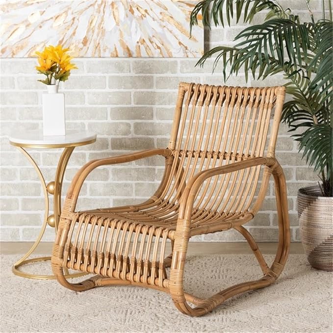 Pemberly Row Contemporary Natural Rattan Accent Chair 24 W x 29.75 D x 29 H Handcrafted Openwork Frame with Rounded Armrest Bohemian Style for Living Room or Lounge Use
