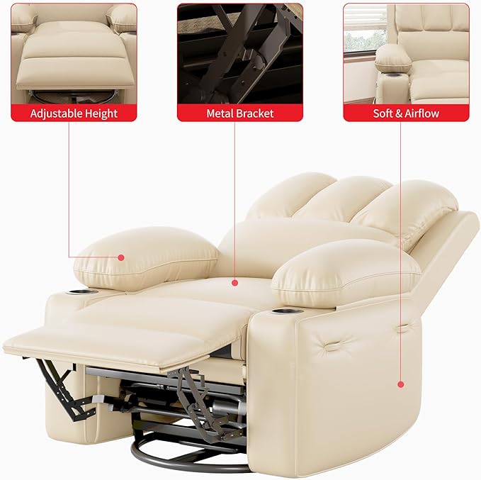 22 Wide Electric Recliner Chair for Adults Swivel Rocking Recliner with Massage &amp Heat PU Leather Lounge Chair with Remote and Cup Holders for Living Room Nursery Bedroom Beige
