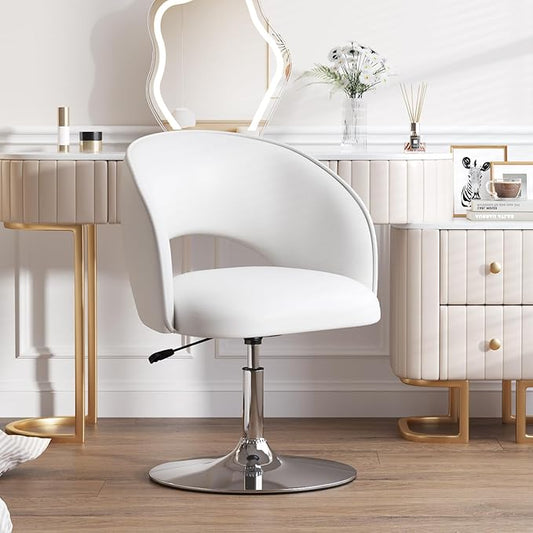 Furniliving Vanity Chair with Arm PU Leather Chair for Vanity Swivel Accent Chair Adjustable Height Makeup Chair with Chrome Base Living Room Chair for Bedroom Makeup Room Study Room IvoryWhite