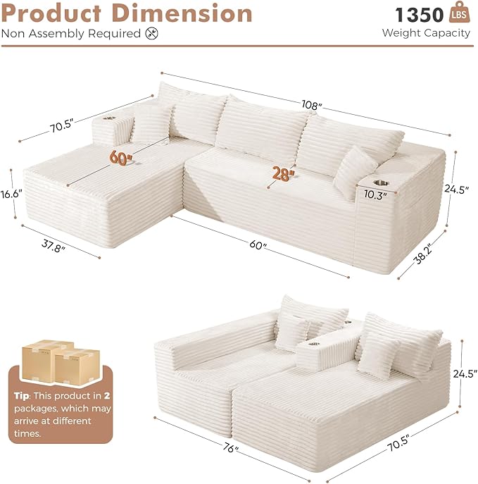 ELUCHANG 108” Modular Sectional Sofa Comfy Cloud Couch with Deep Seat Modern L-Shape Sofa with Chaise Upholstered Boneless Couch for Living Room Bedroom No Assembly Required Corduroy Beige