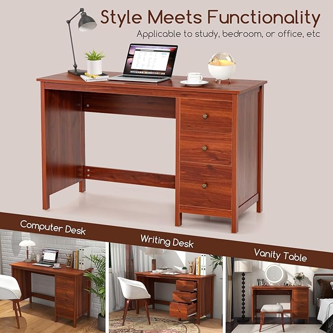 48 Inches Computer Desk Modern Writing Study Table with 3 Drawers Multifunctional Workstation Desk for Home Office Living Room Bedroom