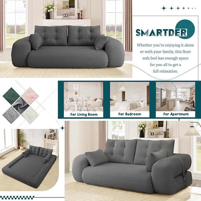 Convertible Sofa Bed with Folding Mattress Oversized Human Dog Bed 3-in-1 Sleeper Couch with Pillows and Thick Armrests 78.7 King Size Floor Sofa for Living Room Bedroom Guest Room Grey Teddy