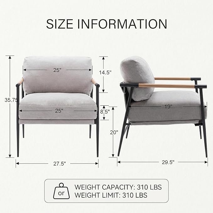 DUOMAY Mid-Century Modern Accent Chair Armchair Set of 2 Soft Linen Fabric Sofa Lounge Chair Reading Chair with Metal Leg for Living Room Bedroom Office Grey