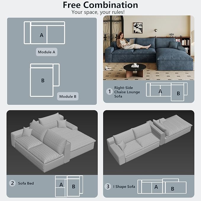 107 Cloud Sectional Couch L-Shaped Chaise Corduroy Boneless Couch for Living Room Bedroom Deep-Seat Upholstered Modular Cloud Sofa No Assembly Required (Blue Right Facing Chaise)