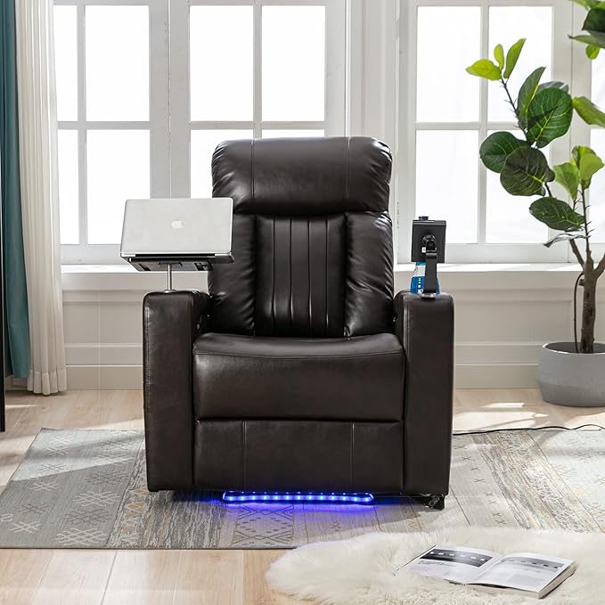 Brown Power Recliner Chair with Cupholders &amp Storage - Armchair Electric Reclining with USB Port 360° Swivel Tray Table Cell Phone Stand Ambient Lighting Leather Living Room Chair for Home The