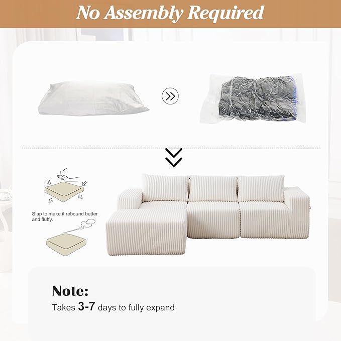 101 Cloud Couch Boneless Modular Sofa Compression Memory Foam Sectional Couches Comfy Corduroy L Shaped Sofas with Chaise Lounge for Living Room No Assembly Required (Beige 101in)