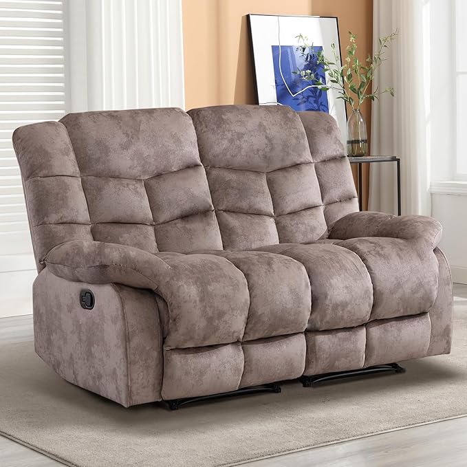 EBELLO Loveseat Recliner Sofa for Living Room Extra Wide Modern Overstuffed 2 Seat Reclining Manual Sofa Chair Breathable Fabric and Padded Cushion Light Brown