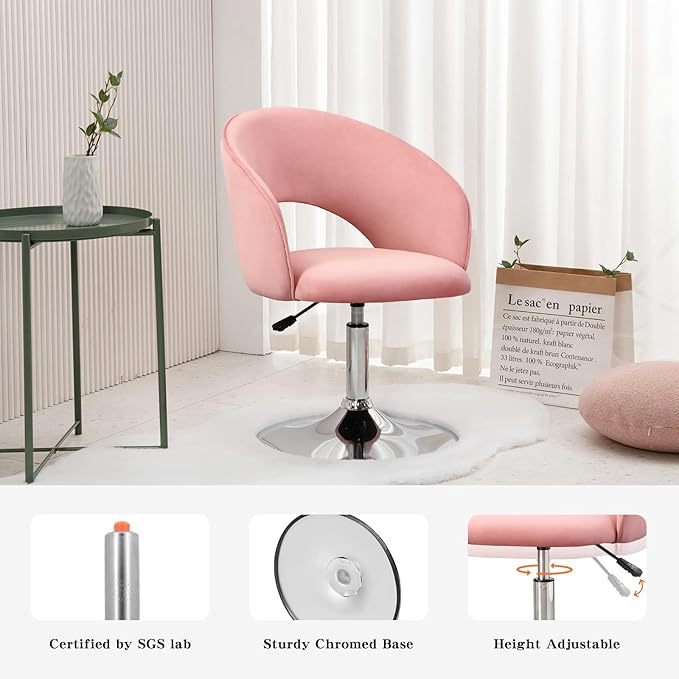 Furnimart Pink Velvet Vanity Chair Vanity Stool with Back Height Adjustable Swivel Accent Chair with Backrest Round Makeup Chair for Vanity Living Room Bedroom (Pink)