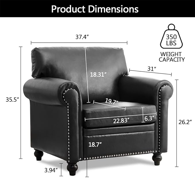 Black Faux Leather Accent Sofa Chair with Rivet Rolled Arm Modern Mid Century Wingback Club Chair for Living Room Apartment Office Easy Assembly (Black PU One Chair)