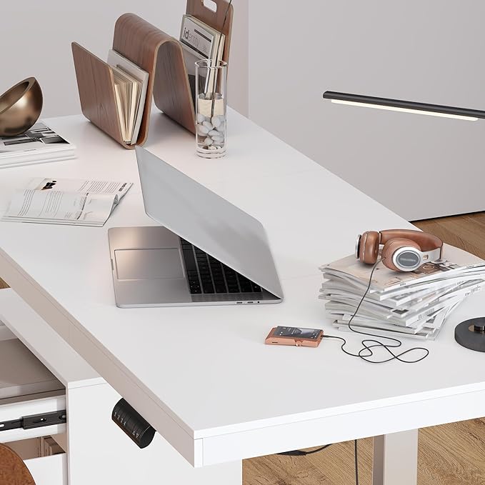 Electric Standing Desk 29.5-44.1 Height Adjustable Computer Desk with Drawer and Storage Cabinet Memory Study Writing Gaming Table for Home Office White