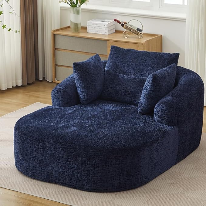 65.7 Oversized Chaise Longue Chair Indoor Modern Upholstered Corduroy Deep Seat Sofa Bed with Throw Pillows and Armrests Sleeper Sofa Couch for Living Room (Blue)