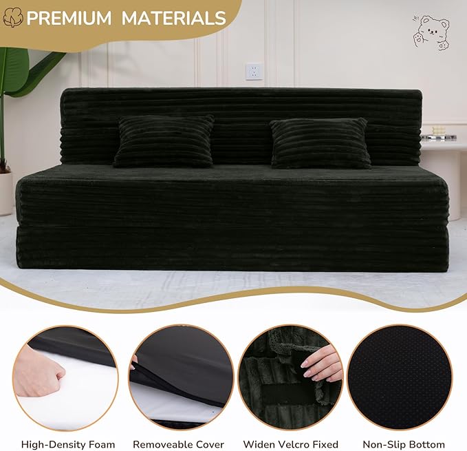 Folding Sofa Bed Queen Size Convertible Sleeper Chair Loveseat with Pillow Futon Chair Sofa Bed Fold Out Floor Couch Foldable Mattress for Living Bedroom Guest Room Dorm Charcoal Moss Grey