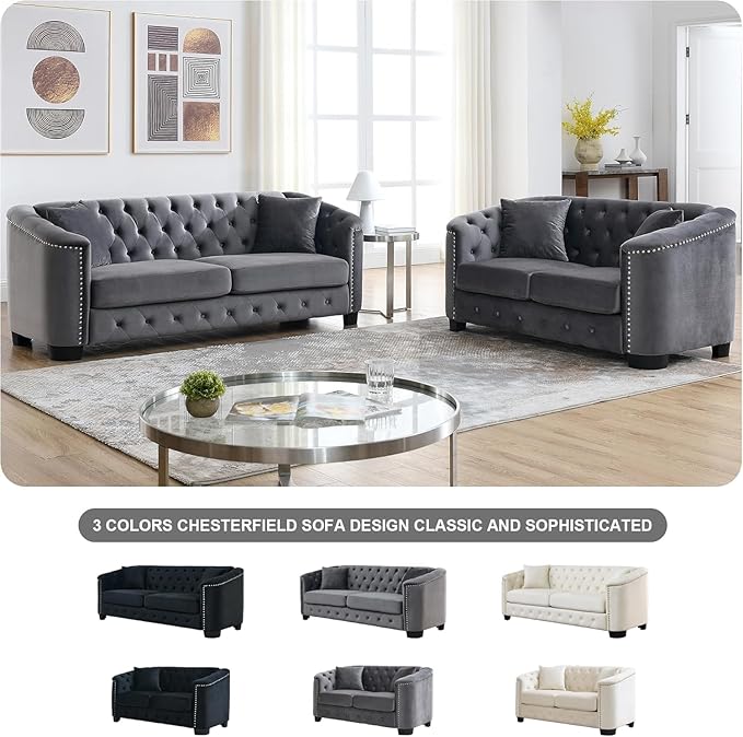 2 Piece Modern Chesterfield Velvet 77 3-Seater+59 Loveseat Sofa Set Upholstered Tufted Backrests with Nailhead Arms and 4 Cushions for Living Room Bedroom ApartmentGrey