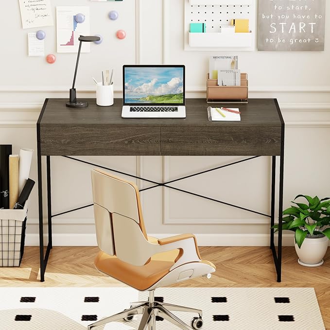 GOFLAME Modern 2-Drawer Computer Desk Home Office Desk w/Reinforced Heavy-Duty Metal Frame Versatile Study Writing Desk w/Anti-Tip Kit Ideal for Study Office Small Spaces (Wash Grey)