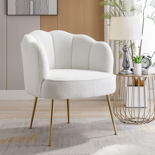 Shell Shape Teddy Fabric Armchair Accent Chair with Gold Legs for Living Room BedroomCreme White