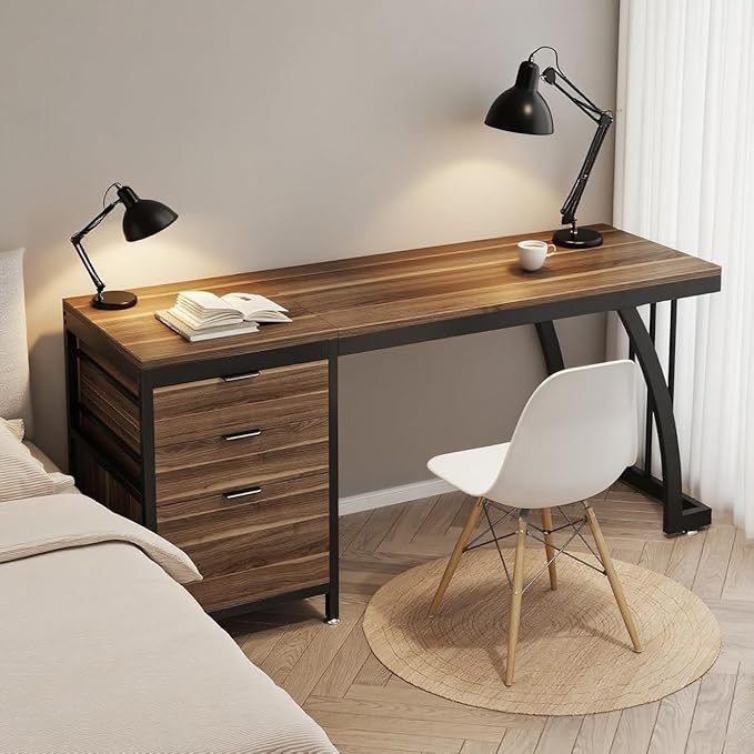 59'' Industrial Computer Desk with 3 Reversible Drawers Writing Workstation with File Storage for Home Office or Study Walnut
