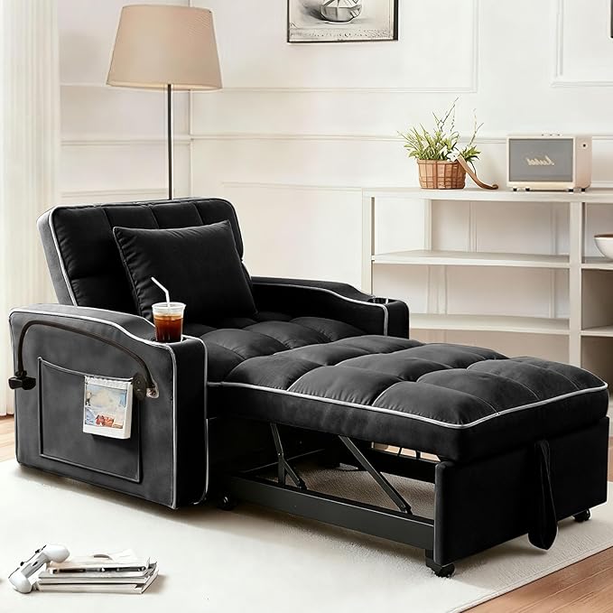 Sleeper Chair Convertible Pull Out Chair Sleeper with Bracket and Cup Holder Chairs Bed Sleepers for Adults 3 in 1 Sofa Bed Chairs for Small Spaces Living Room Black