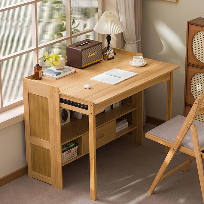 Bamboo Folding Desk with Bookshelf &amp Drawer Small Foldable Computer Table Wooden Space Saving Desks for Home Bedroom Study Office (Natural 30.3″x27″x30.3″)