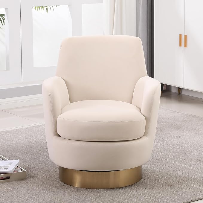 360° Swivel Barrel Accent Chair Comfy Round Accent Chairs with Gold Iron Base &amp Dual-Layer Cushion Modern Lounge Reading Armchair Upholstered Sofa Chair for Living Room Bedroom(Velvet Beige)