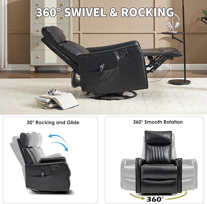 Swivel Rocker Recliner Chair 360° Swivel Recliner with Heat and Massage Rocker Recliner Nursery Glider Chair with Side Pockets for Living Room (Black Faux Leather)