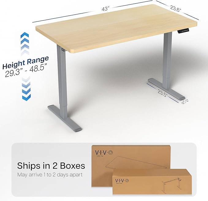 VIVO Electric 43 x 24 in Standing Desk Memory Height Adjustment 1B Series Holds 220 lbs One-Piece Light Wood Top Gray Frame DESK-KIT-1G4C