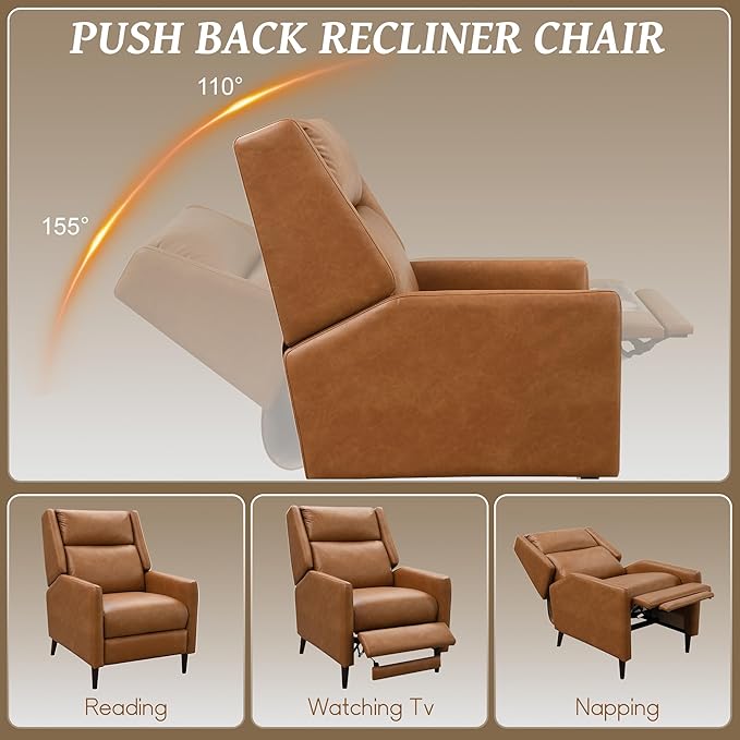 leovanni Push Back Recliner Chair Faxu Leather Upholstered Recliner with Adjustable Backrest and Footrest Modern Comfy Reclining for Living Room Bedroom Small Spaces Brown