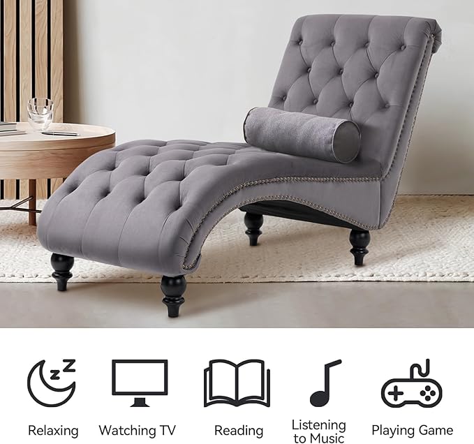 Velvet Chaise Lounge Chair Indoor Comfy Upholstered Chaise Lounge with Pillow and Solid Wood Legs Button Tufted Leisure Sofa Recliner for Living Room Bedroom Office Apartment(GY)