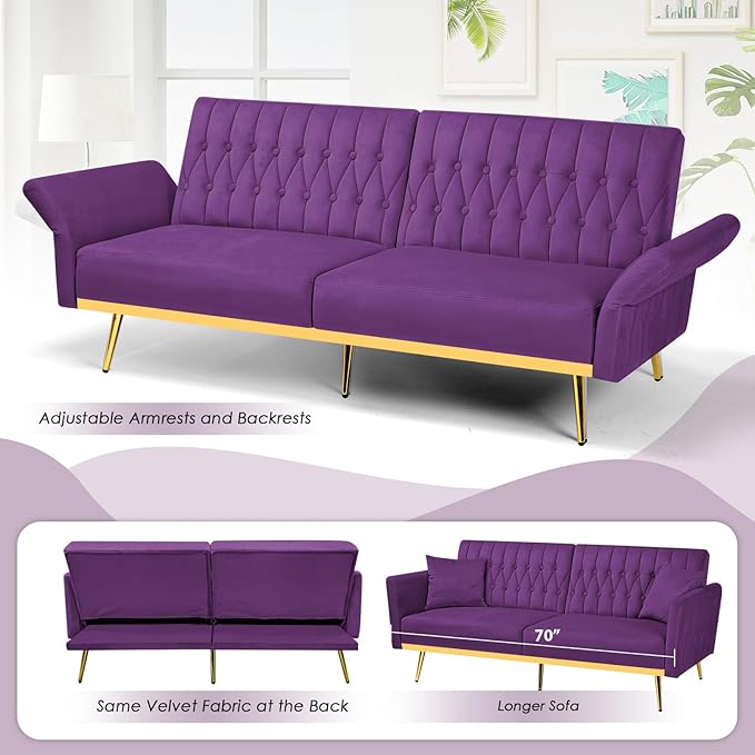 70 Velvet Futon with Adjustable Backrest and Armrests Sofa Bed with Extra Pillows for Waiting Room Living Room and Office Purple