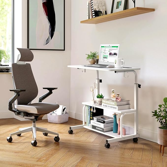 Wooden Adjustable Height Portable Laptop DeskMobile Rolling Computer DeskSofa Bedside Laptop TableHome Office Laptop Workstationwith Power Outletsfor Small Spaces Bedroom Apartment (White)
