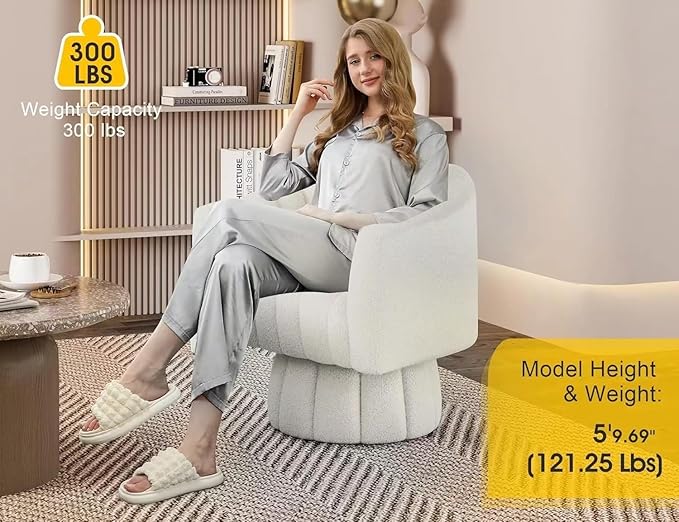 360 Degree Sherpa Swivel Cuddle Barrel Accent Sofa Chairs Round Teddy Armchairs with Wide Upholstered Furry Boucle Reading Chair for Living Room Bedroom Office Waiting Rooms (White)