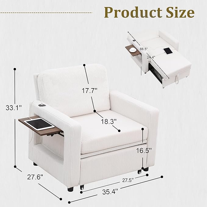 3 in 1 Folding Convertible Sleeper Sofa Bed Pull Out Couch with Side Pockets USB Port Side Table Single Sofa Bed with Adjustable Backrest for Living Room Bedroom 66 Beige 1 SEAT