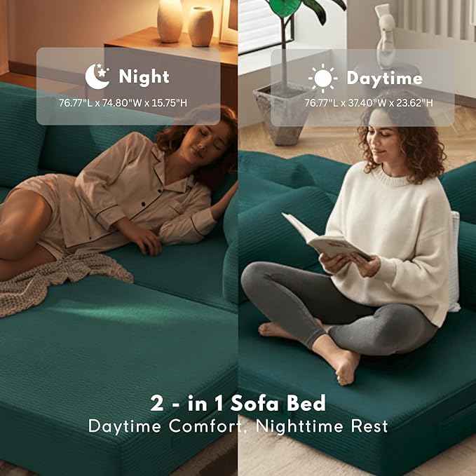 4-in-1 Folding Convertible Sofa Bed 77 Floor Couch with Pillow - Corduroy Fabric &amp High-Density Sponge &amp Fixed-Shape Frame Modular Sofa for Living Room/Lounge/Studio Green