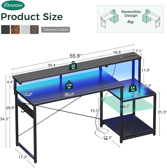 AODK Computer Desk 56 Inch Gaming Desk with Led Lights &amp Power Outlet Office Desk with Storage Shelves Reversible Desk with Monitor Shelf &amp Headphone Hook Carbon Fiber Black
