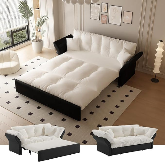 74.8'' Pull Out Sofa Bed Queen Convertible Sleeper Sofa Couch Velvet Loveseat Recliner Comfy Cloud Futon Couch for Living Room Apartment Small Space Bedroom RV Beige