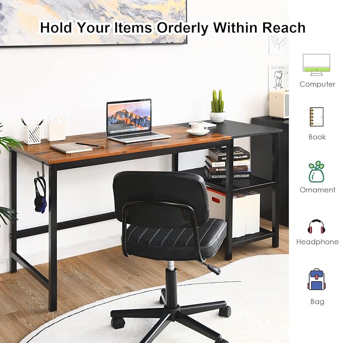 COSTWAY 59” Computer Desk with 2 Removable Storage Shelves Industrial Writing Workstation with Headphone Hook for Home Office Gaming Desk (Rustic Brown)